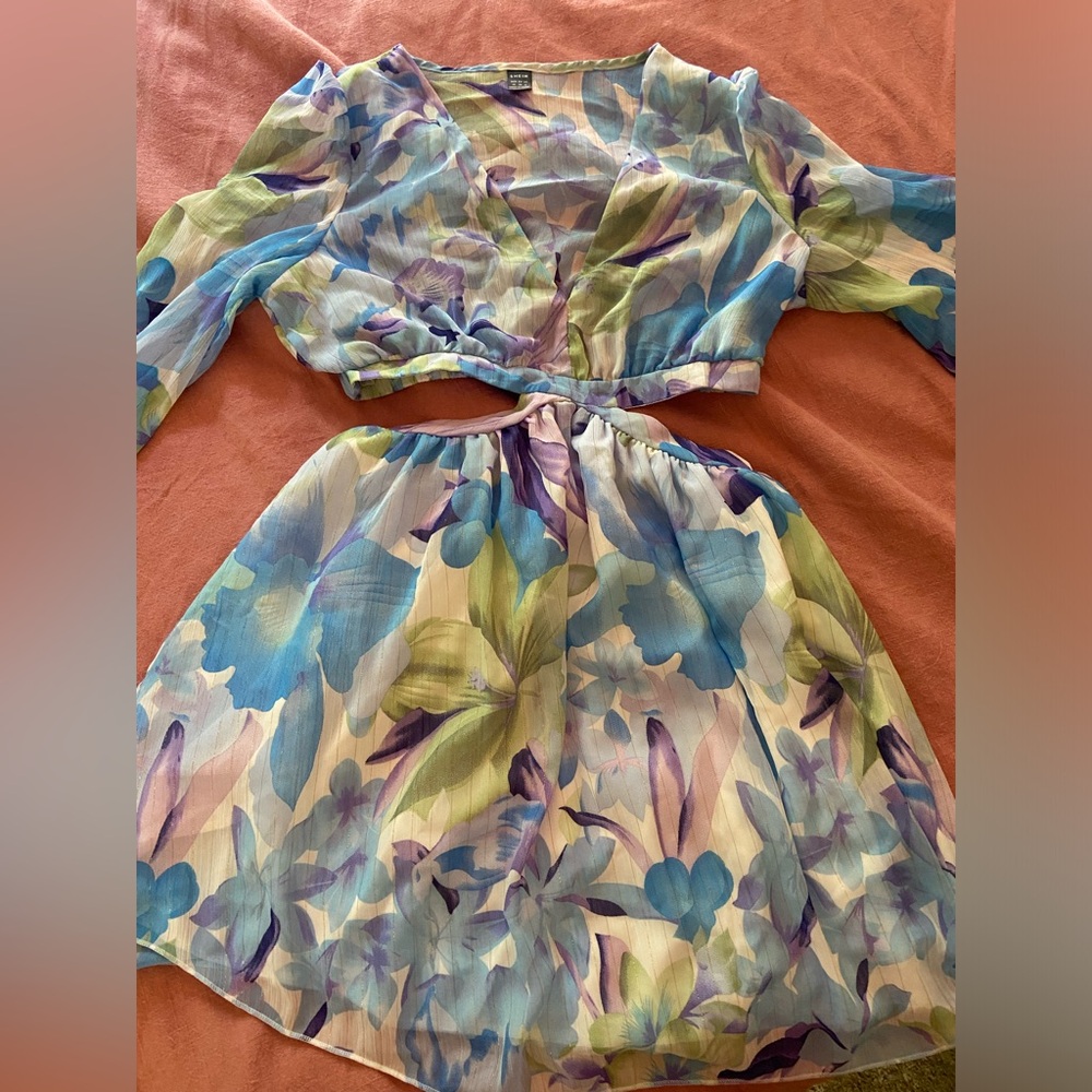 Floral Sheer Long Sleeve Dress with Waist Cutouts